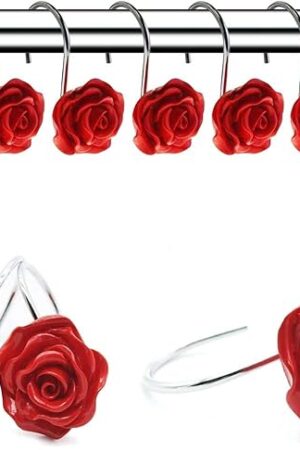 12 PCS Home Fashion Decorative Anti Rust Shower Curtain Hooks Rose Design Shower Curtain Rings Hooks (RED)