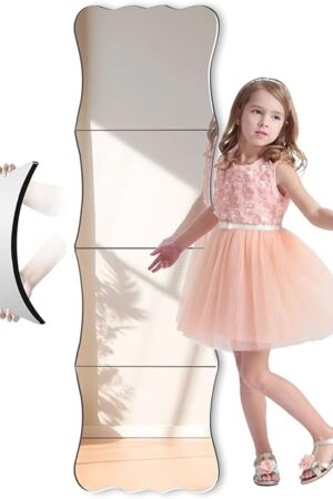 Wavy Full Length Shatterproof Acrylic Wall Mirror Tiles 47" x 14"(4 Pcs 12"x14"), Non-Glass Safety Body Mirror for Baby Kids Playroom, Frameless Dorm Door Gym
