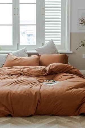 AMWAN Jersey Knit Cotton Duvet Cover Set Solid Pumpkin Color, Luxury Soft Comforter Cover Queen Size 3 Piece Bedding Set 1 Duvet Cover 2 Pillowcases Set
