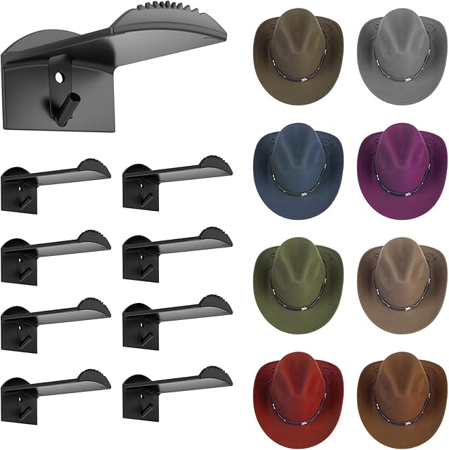 3.0 Inch Wall Hat Hooks (8 Pack) – Strong Adhesive Cowboy Hat Rack with Anti-Slip Teeth, Multi-Purpose Hook for Keys & Accessories, Minimalist Hat Organizer, Western Room Décor – Black
