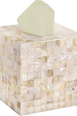 CLAYNIX Tissue Box Cover - Mosaic Mother of Pearl Inlay Tissue Box Holder - Tissue Box Cover Square 5.9 x 5.9 x 5.9 in - Decorative Bathroom, Bedroom or Office (White)