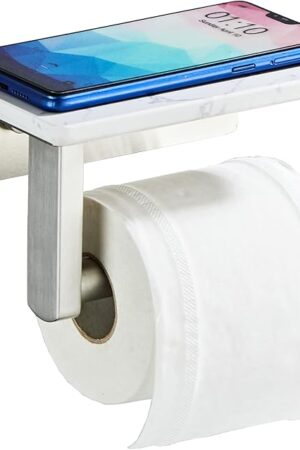 Brushed Nickel Toilet Paper Holder with Shelf, 304 Stainless Steel Screw Wall Mounted, Marble Tissue Roll Holder with Storage