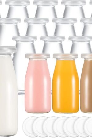 Zubebe 12 Pack 6 oz Glass Milk Bottles with 24 Replacement Caps | For Baby Food & Yogurt | Perfect for Baby Shower | Reusable Glass Jars | 200 ml Small Juice Bottles