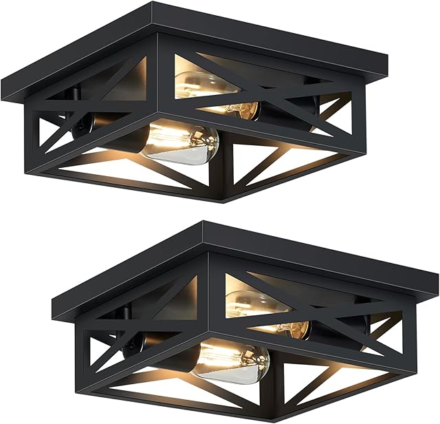 Black Flush Mount Ceiling Light Fixture,2-Light Square Hallway Light Fixtures Ceiling,Light Fixtures Ceiling Mount for Farmhouse,Kitchen,Hall,Bedroom (2 Pack)