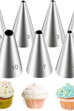 7 Pcs Round Hole Piping Tips Set Stainless Steel Cupcake Frosting Nozzles Cake Decorating Tool Russian Pastry Icing Dispensers Supplies for Baking Cookies Puff Doughnut Cream Bag Filler