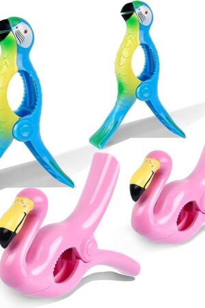 Beach Towel Clips, Sopito Jumbo Size Towel Clips for Beach Chairs Cruise Pool Patio or Daily Use-Secure Hang Seal, Set of 4 (Flamingo Parrot)