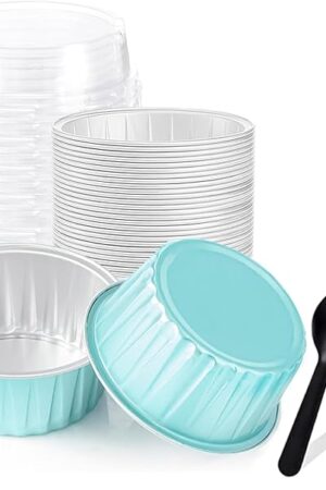 25PCS Round Mini Loaf Pans with Lids,Mini Cake Pans with Lids,Disposable Ramekins Baking Cups Muffin Tins Cupcake Cups for Wedding Birthday Party,5oz (Blue)