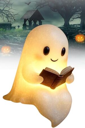 Cute Ghost Reading Book Lamp, Halloween Ghost Night Light, Ghost Reading Night Lights, 3D LED Night Light Halloween, Glowspirit, Light Up Halloween Decor, for Bedroom Study Room, Readers (8.6inch)