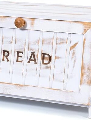 Bamboo Bread Box for Kitchen Countertop, White Vintage Wooden Counter Breadbox, Single Layer Rustic Wood Large Capacity Bread Storage Container Bin