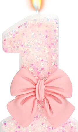 Birthday Candle for Cake, 1 Candle - Pink Glitter with Bowknot, 2.76 inch Happy Birthday Candle, Cake Topper Decoration for 1 Year Old Birthday Party (Number 1)