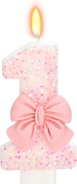 Birthday Candle for Cake, 1 Candle - Pink Glitter with Bowknot, 2.76 inch Happy Birthday Candle, Cake Topper Decoration for 1 Year Old Birthday Party (Number 1)