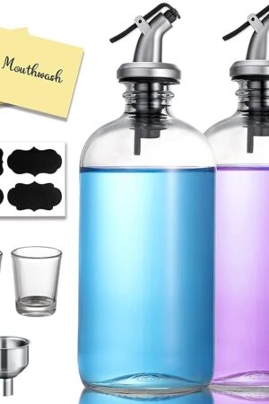 AOZITA 16-Ounce Glass Mouthwash Dispenser - Clear Glass Bottle with Pour Spout, Shot Glass, Funnel and Labels, Refillable Boston Round Bottles - 2 Pack
