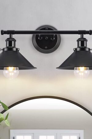 Alynzee 2 Light Dual Purpose Bathroom Vanity Light Fixtures, Farmhouse Wall Sconce Matte Black, 20 Inch Industrial Bathroom Vanity Lighting Fixtures Over Mirror Kitchen Living Room Workshop Cafe