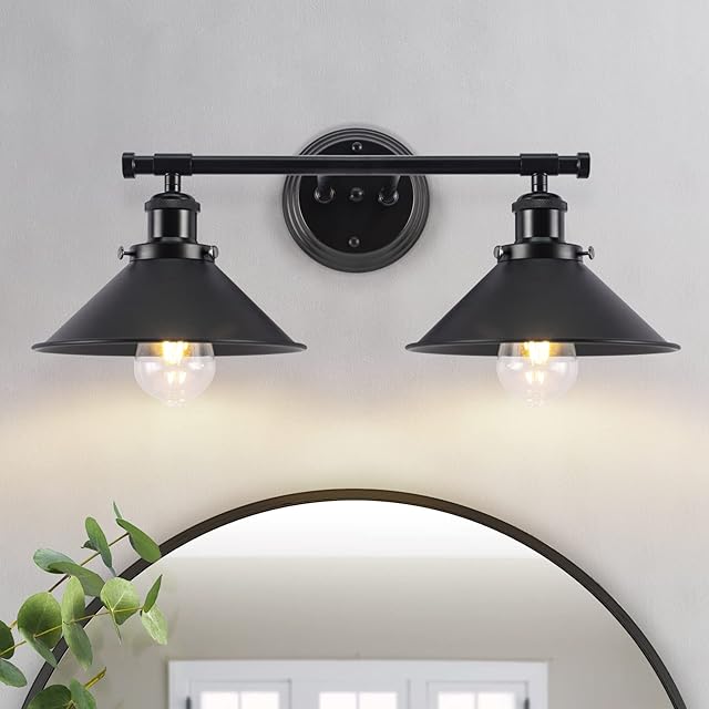 Alynzee 2 Light Dual Purpose Bathroom Vanity Light Fixtures, Farmhouse Wall Sconce Matte Black, 20 Inch Industrial Bathroom Vanity Lighting Fixtures Over Mirror Kitchen Living Room Workshop Cafe