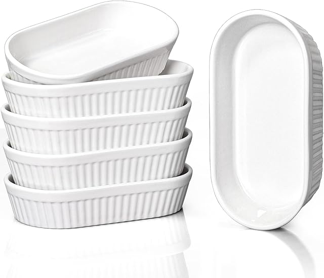 Delling 8 Oz Ramekins - Souffle Dishes Oven Safe, Oval Ramekins for Baking Crème Brulee, Porcelain Dessert Bowls, Set of 6, White