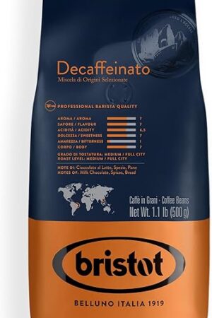 Bristot Decaf Italian Coffee Beans – Medium Roast Whole Espresso Beans – Smooth & Rich Flavor – 1.1 lb (500g) Bag – Roasted in Italy