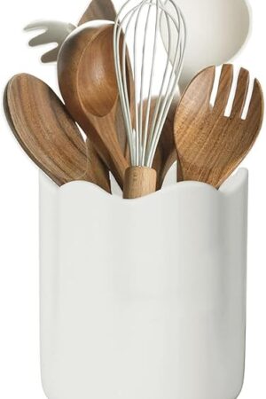 Ceramic Utensil Holder for Kitchen Counter, Large Kitchen Utensil Holder for Countertop with Cork Bottom, Cooking Tool Organizer for Spatula, Whtie