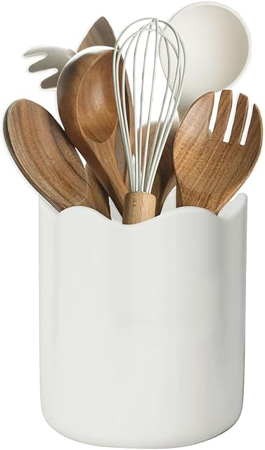 Ceramic Utensil Holder for Kitchen Counter, Large Kitchen Utensil Holder for Countertop with Cork Bottom, Cooking Tool Organizer for Spatula, Whtie