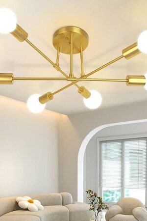 CANMEIJIA Modern Sputnik Chandelier, Ceiling Light Fixture Flush Mount 6-Lights Gold Chandeliers for Living Room Bedroom Dining Room Kitchen, Mid Century Chandeliers, E26 Base, Bulbs Not Included