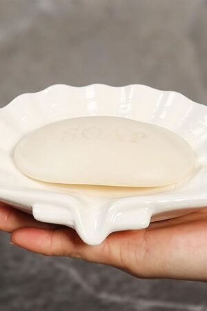 Ceramic Soap Holder, Sea-Shell Soap Tray with Self Draining, Soap Tray for Sink Washroom Bathroom Shower, Small Cute and Elegant Holder with Glaze, Easy Cleaning (White)