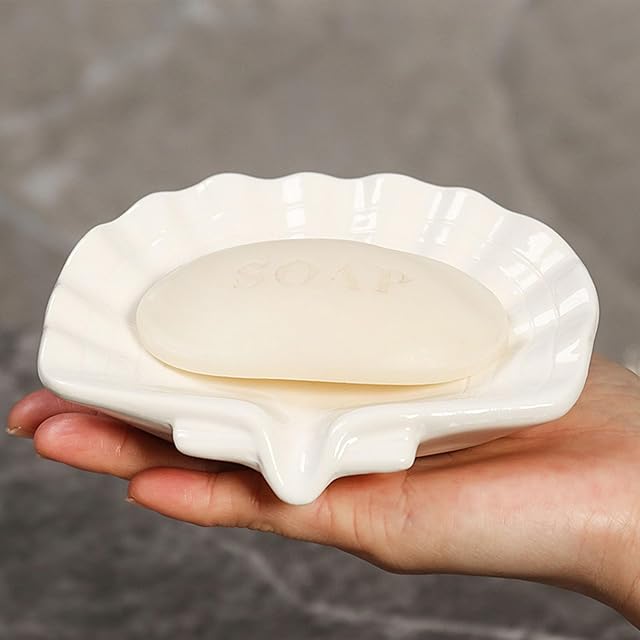 Ceramic Soap Holder, Sea-Shell Soap Tray with Self Draining, Soap Tray for Sink Washroom Bathroom Shower, Small Cute and Elegant Holder with Glaze, Easy Cleaning (White)