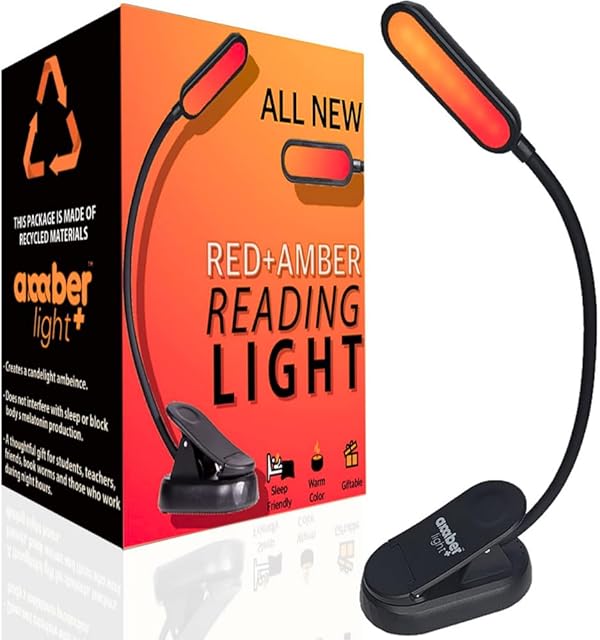 Amber Reading Light + Red Light. Giftable Blue Light Blocking Book Light for Reading in Bed