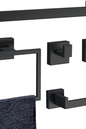 5-Piece Matte Black Bathroom Accessories Set, SUS304 Stainless Steel Wall Mounted 16 Inch Hand Towel Bar, Toilet Paper Holder, Towel Ring, Towel Hooks, Bathroom Hardware Set, Towel Bar Set