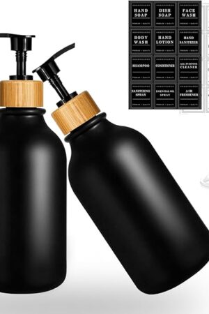 2PACK 16.9Oz Soap Dispenser Bottle, Bamboo Lid Soap Bottle with Anti-Rust Pump, Hand Dish Soap Dispenser for Kitchen, Shampoo Lotion Black Soap Dispensers for Bathroom