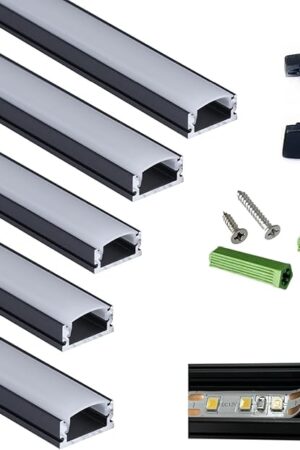 5-Pack 3.28FT Pre-Drilled Countersunk Hole LED Strip U Channel Diffuser, Matte Black Flush Mounted Under Cabinet Tape Light Aluminum Low Profile with Milky Cover (5, 3.28FT)