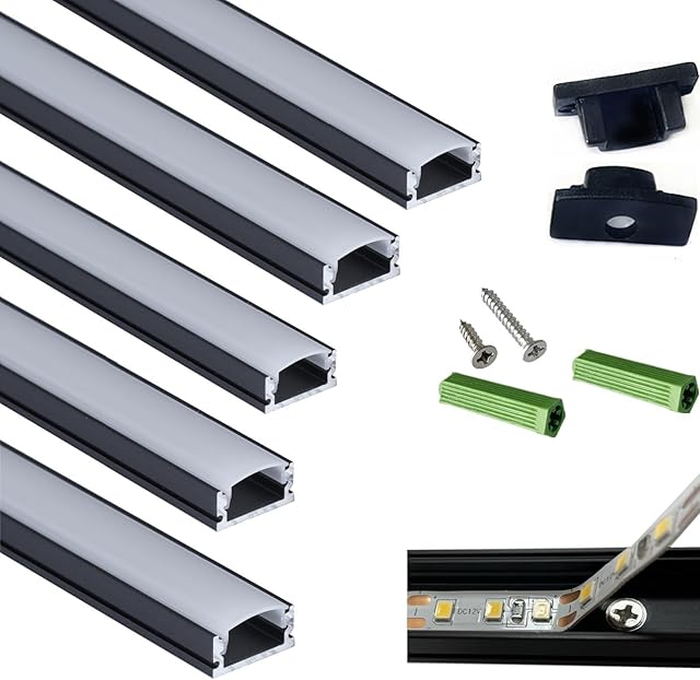 5-Pack 3.28FT Pre-Drilled Countersunk Hole LED Strip U Channel Diffuser, Matte Black Flush Mounted Under Cabinet Tape Light Aluminum Low Profile with Milky Cover (5, 3.28FT)