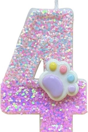 Cat and Dog Paw Number Candles for Cake Decoration, Pink Kitten Paw Number 4 Candle, Dog Themed Birthday Cake Topper for Party Decorations