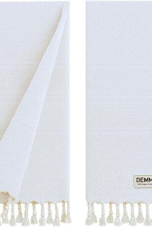 DEMMEX Organic Turkish Hand Towels for Bathroom – 100% Oeko-TEX Certified Turkish Cotton, Quick Dry, Lightweight Kitchen & Travel Towels, Diamond Weave, Large 18x36 Inches, Set of 2, White