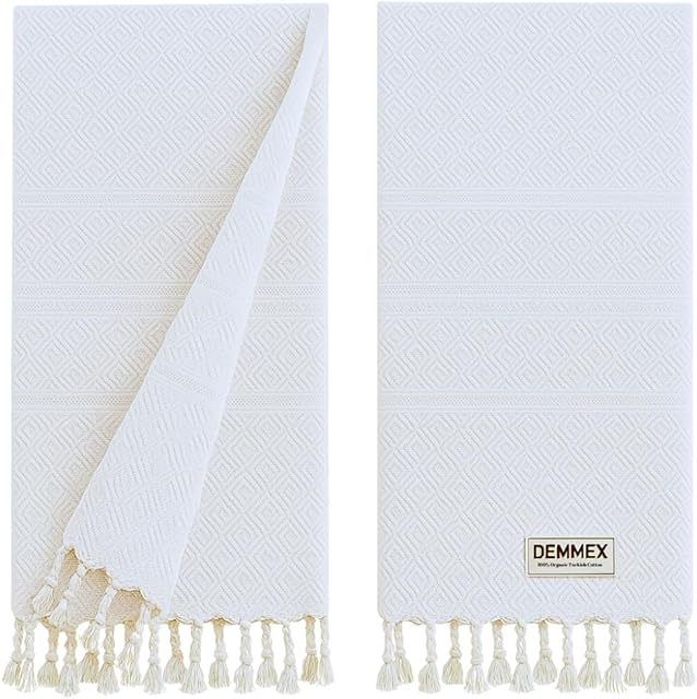 DEMMEX Organic Turkish Hand Towels for Bathroom – 100% Oeko-TEX Certified Turkish Cotton, Quick Dry, Lightweight Kitchen & Travel Towels, Diamond Weave, Large 18x36 Inches, Set of 2, White