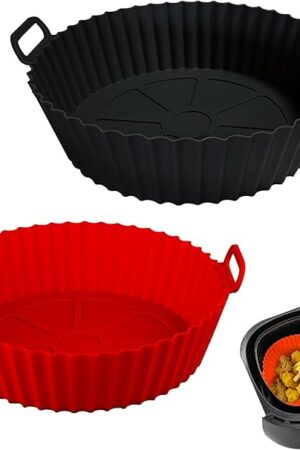 Air Fryer Silicone Liners Pot,8 inch Air Fryer Basket Liners, Silicone Baking Tray Pots for 3 to 5 Qt for Air fryer Oven Reusable Baking Tray Oven Accessories (Red+Black)