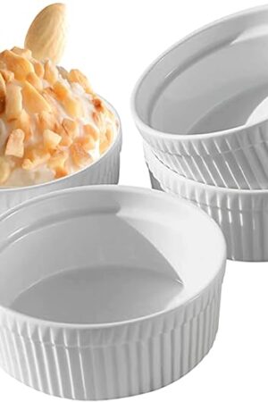 Cinf White 10 oz Set of 4 Souffle Dishes Ramekins Oven Microwave Safe Bowls Creme Brulee Sauce Cups for Baking Cooking Porcelain Individual Serving Size for Desserts, Sides & More