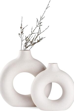 White Ceramic Donut Vase Set of 2, Hollow Matte Pampas Flower Vases for Boho Home Wedding Party Room Dinner Table Shelf Decor.（White）