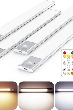 12" Ultra-Thin Under Cabinet Lighting Wireless, Aluminum Alloy Under Counter Lights for Kitchen, 3-Color-Temps Magnetic Closet Lights, Rechargeable Motion Sensor Light Indoor (4 Pack, Silver)