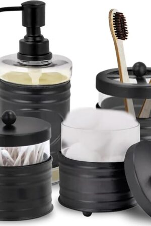 Autumn Alley Farmhouse Matte Black Bathroom Accessories Set (4 PCS) - Lotion Soap Dispenser, Black Toothbrush Holder Set, 2 Glass Apothecary Jars (Qtip Holder) - Rustic Bathroom Accessories Set