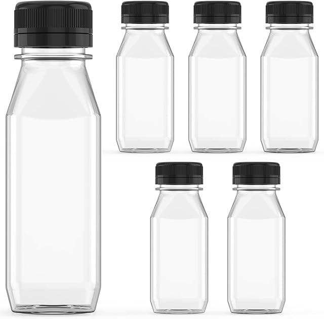 WANBAO 6 Pcs 6 oz Plastic Juice Bottle Reusable Bulk Beverage Containers for household use for Juice, Drinking Milkshake Tea, Milk, Juicing Smoothie Water and Other Beverages, Fridge Storage