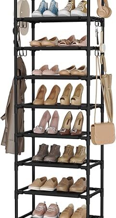 VTRIN 10 Tiers Tall Shoe Rack Holds 20-25 Pairs of Shoes Sturdy Vertical Shoe Organizer with 18pcs Hooks Stackable Narrow Shoe Rack for Closet, Entryway Black