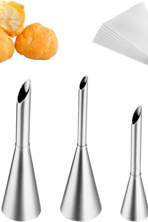 3Pcs Cream Icing Piping Nozzle Tips,Stainless Steel Long Puff Nozzle Tip With 10Pcs Disposable Piping Bags,Puff Pastry Filling Cake Decorating Tools