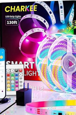 CHARKEE 130ft LED Strips Lights (65.6ft*2) Full Color Sync Music, Dimmable and Color Changing RGB LED Strip Lights, 24 Volt Bluetooth Flexible LED Lights for Bedroom,Family,DIY(Smart App+Remote)