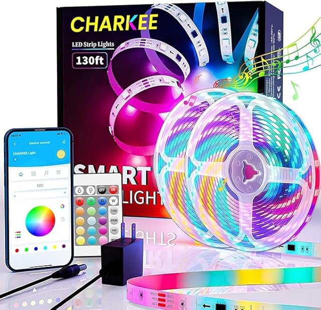 CHARKEE 130ft LED Strips Lights (65.6ft*2) Full Color Sync Music, Dimmable and Color Changing RGB LED Strip Lights, 24 Volt Bluetooth Flexible LED Lights for Bedroom,Family,DIY(Smart App+Remote)