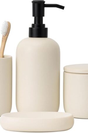 Ceramic Bathroom Accessories Set 4 Pcs - Modern Scandinavian Neutral Soap Dish & Dispenser Toothbrush Holder Cup - Minimalist Countertop Accessory Set - Cream Light Beige Off-White Bathroom Decor