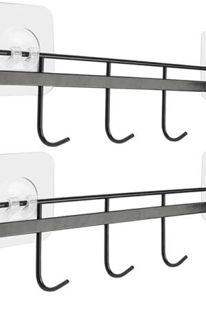YiZhi Adhesive Wall Hooks Rack Kitchen Rail, Space Saving Utensil Holder No Drilling Wall Mounted Accessory Hanger with 6 Hooks for Kitchen Bathroom Bedroom Pack of 2 (Black)