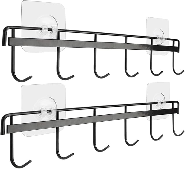 YiZhi Adhesive Wall Hooks Rack Kitchen Rail, Space Saving Utensil Holder No Drilling Wall Mounted Accessory Hanger with 6 Hooks for Kitchen Bathroom Bedroom Pack of 2 (Black)