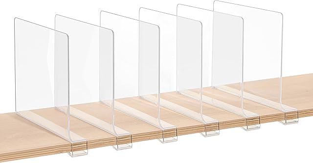 Clear Acrylic Shelf Dividers, Closets Shelf and Closet Separator for Organization in Bedroom, Kitchen and Office Shelves (6 Pack)