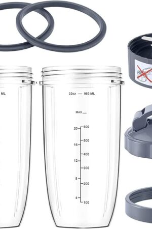 7 Pieces nutribullet Blender Cups & Blade Replacement Set 32oz Huge Cup with 1 Flip-Top To-Go Lid and 1 Lid Ring & Premium Extractor Blade with Compatible with NutriBullet 600w/900w Blender