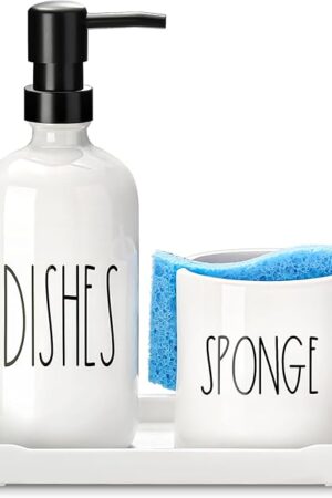 Dish Soap Dispenser for Kitchen, Ceramic Dish Soap Dispenser with Sponge Holder, White Dispenser Set with Tray, 3 in 1 Countertop Sink Organizer, Farmhouse Modern Kitchen Decor