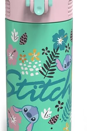 Zak Designs Disney Lilo and Stitch - Stainless Steel Vacuum Insulated Water Bottle - 14 oz - Durable & Leak Proof - Flip-Up Straw Spout & Built-In Carrying Loop - BPA Free